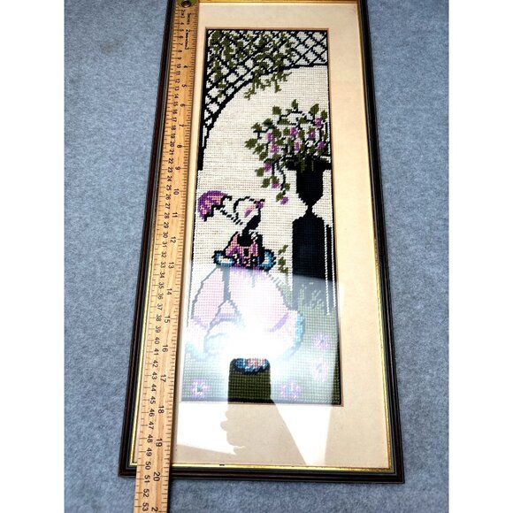 Vintage Framed Needlepoint Art of Victorian Lady 9.5" x 20" 1950s - Picture 8 of 10